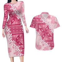 Bula Fiji Plumeria Tagimoucia Salusalu Pink Couples Matching Long Sleeve Bodycon Dress and Hawaiian Shirt Kaiviti Masi LT7 Pink - Polynesian Pride