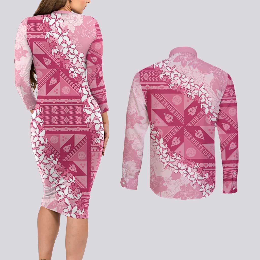 Bula Fiji Plumeria Tagimoucia Salusalu Pink Couples Matching Long Sleeve Bodycon Dress and Long Sleeve Button Shirt Kaiviti Masi LT7 - Polynesian Pride