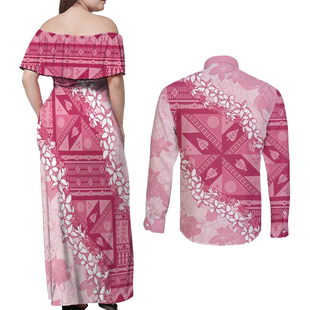 Bula Fiji Plumeria Tagimoucia Salusalu Pink Couples Matching Off Shoulder Maxi Dress and Long Sleeve Button Shirt Kaiviti Masi LT7 - Polynesian Pride