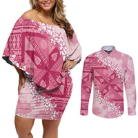 Bula Fiji Plumeria Tagimoucia Salusalu Pink Couples Matching Off Shoulder Short Dress and Long Sleeve Button Shirt Kaiviti Masi LT7 Pink - Polynesian Pride