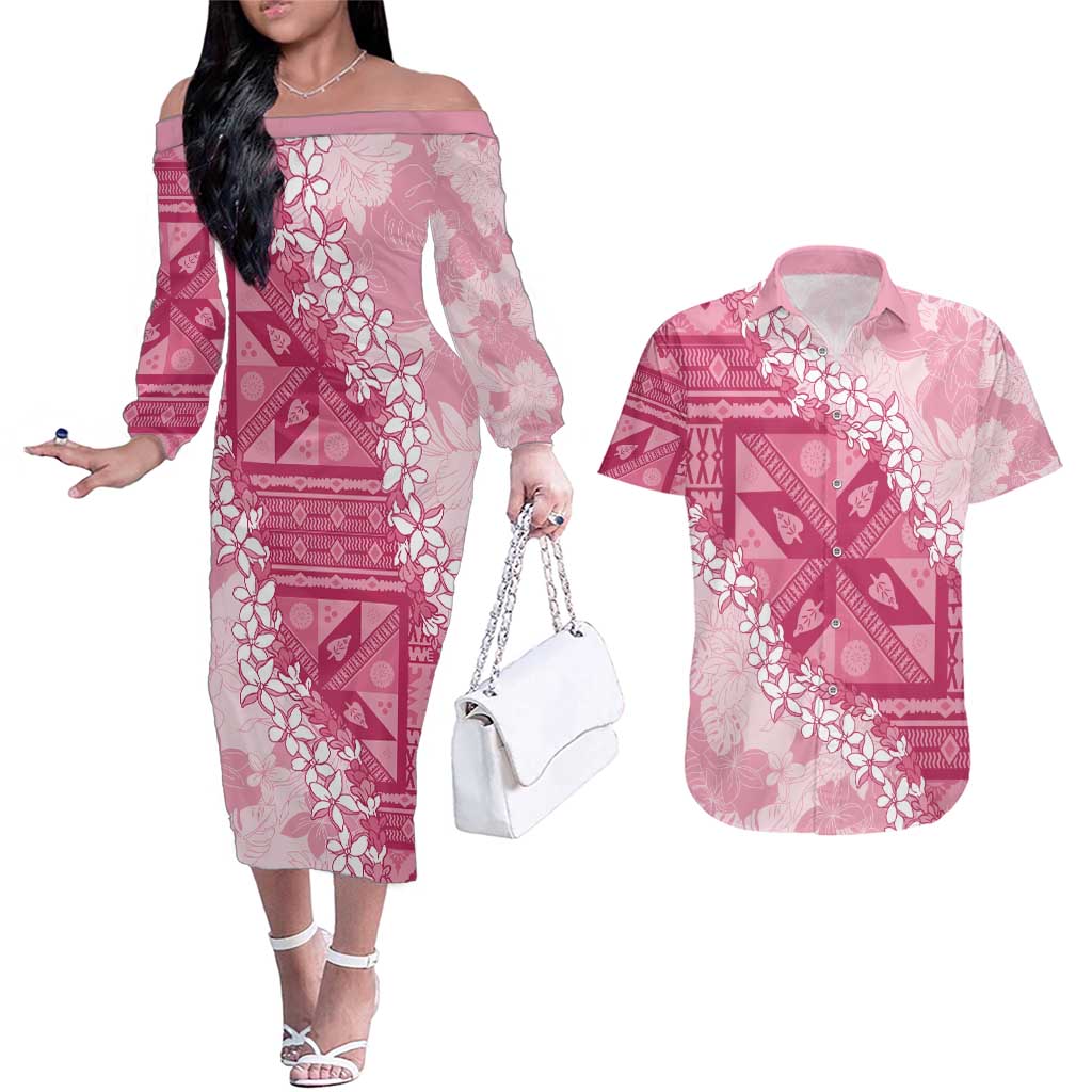 Bula Fiji Plumeria Tagimoucia Salusalu Pink Couples Matching Off The Shoulder Long Sleeve Dress and Hawaiian Shirt Kaiviti Masi LT7 Pink - Polynesian Pride