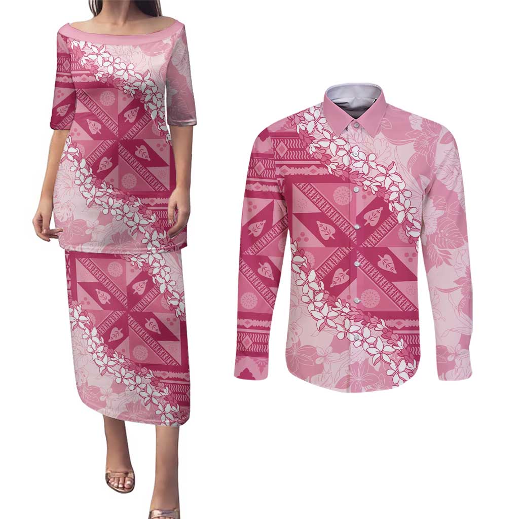 Bula Fiji Plumeria Tagimoucia Salusalu Pink Couples Matching Puletasi and Long Sleeve Button Shirt Kaiviti Masi - Polynesian Pride
