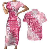 Bula Fiji Plumeria Tagimoucia Salusalu Pink Couples Matching Short Sleeve Bodycon Dress and Hawaiian Shirt Kaiviti Masi LT7 Pink - Polynesian Pride
