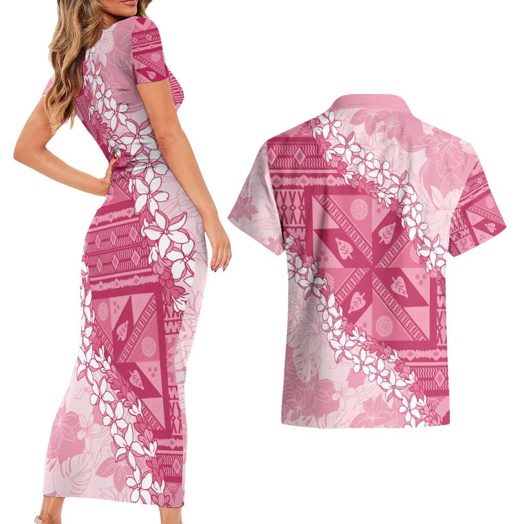 Bula Fiji Plumeria Tagimoucia Salusalu Pink Couples Matching Short Sleeve Bodycon Dress and Hawaiian Shirt Kaiviti Masi LT7 - Polynesian Pride