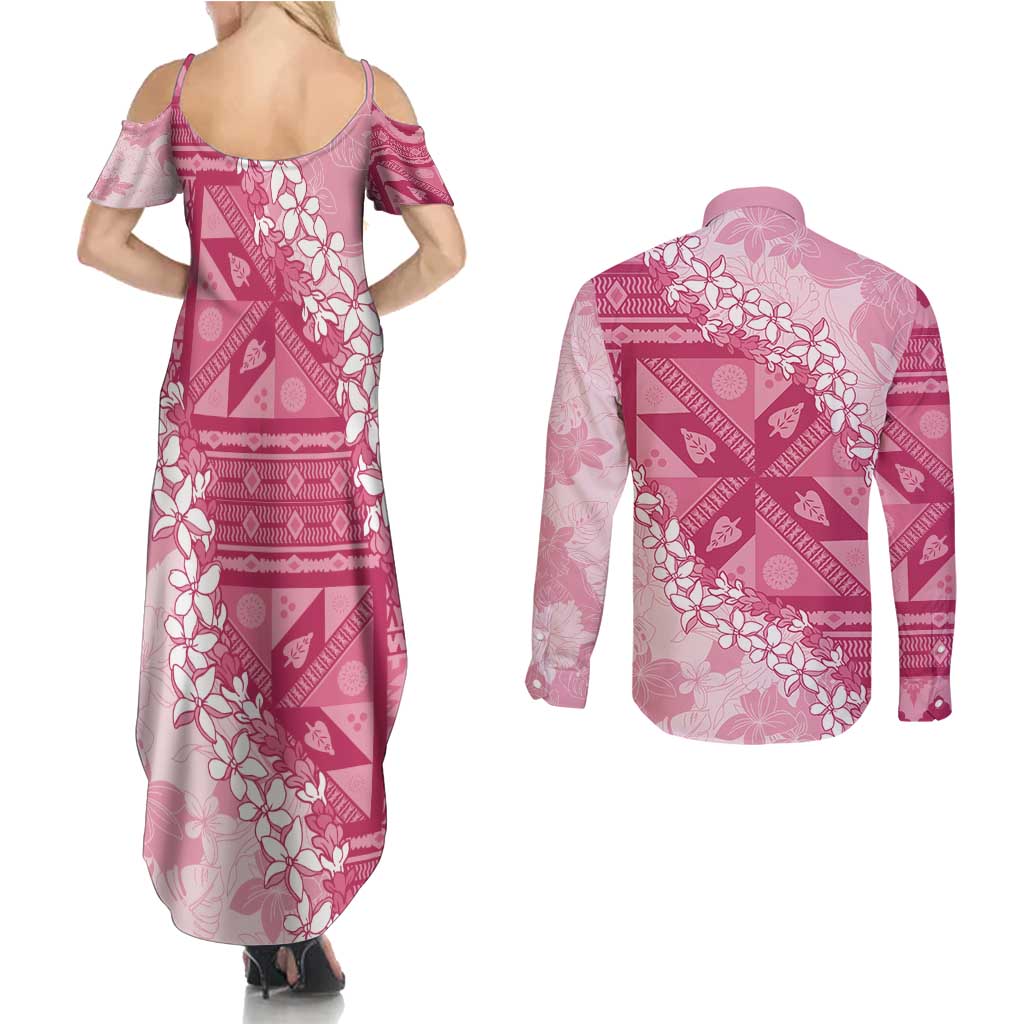 Bula Fiji Plumeria Tagimoucia Salusalu Pink Couples Matching Summer Maxi Dress and Long Sleeve Button Shirt Kaiviti Masi LT7 - Polynesian Pride