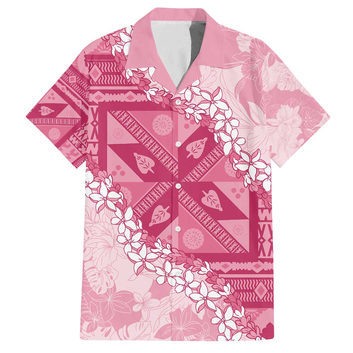 Bula Fiji Plumeria Tagimoucia Salusalu Pink Family Matching Off The Shoulder Long Sleeve Dress and Hawaiian Shirt Kaiviti Masi LT7 Dad's Shirt - Short Sleeve Pink - Polynesian Pride