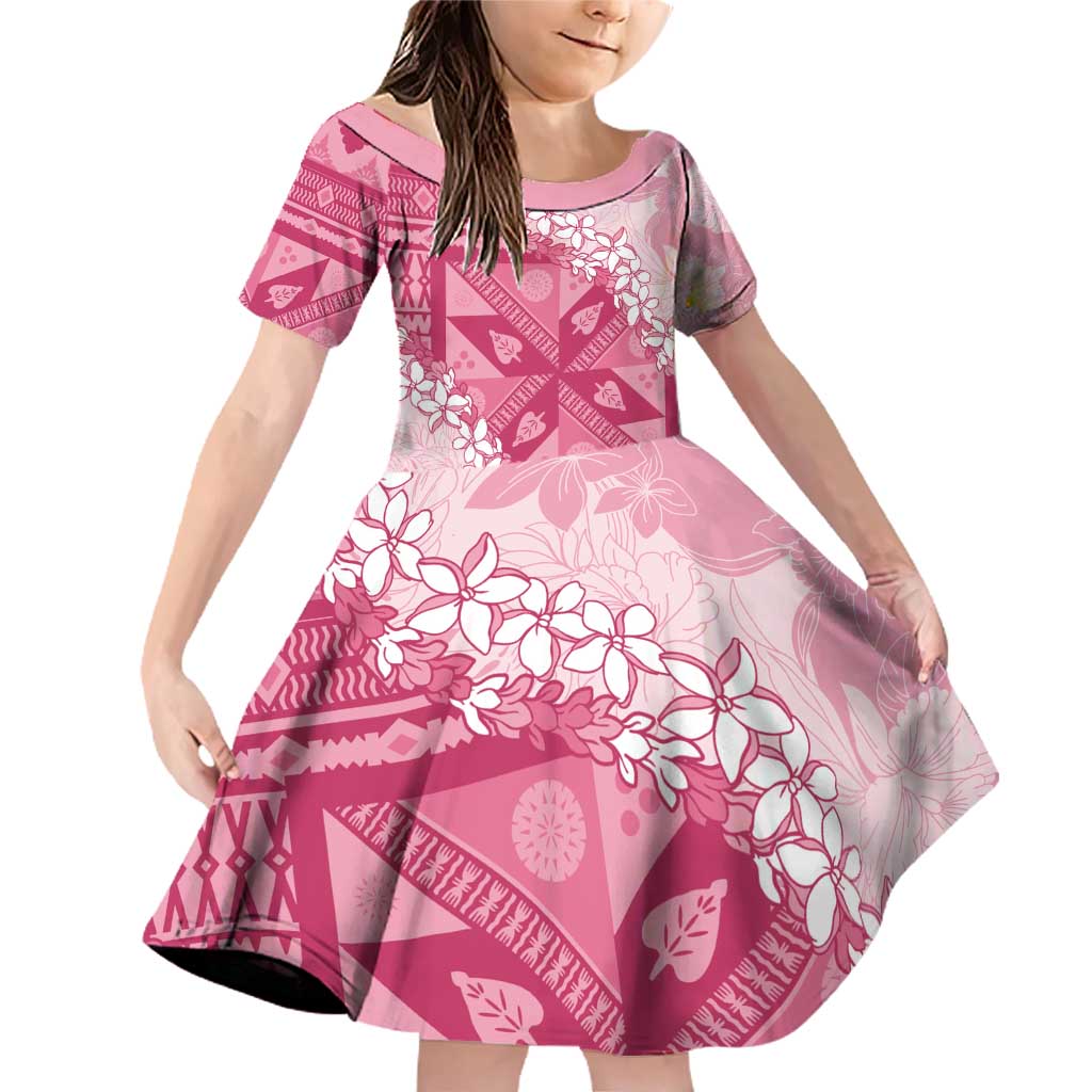 Bula Fiji Plumeria Tagimoucia Salusalu Pink Family Matching Off Shoulder Short Dress and Hawaiian Shirt Kaiviti Masi LT7 Daughter's Dress Pink - Polynesian Pride