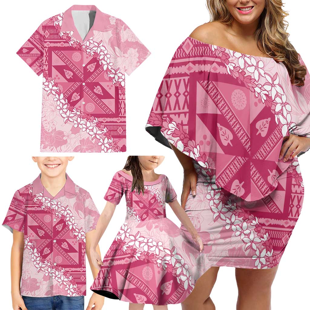 Bula Fiji Plumeria Tagimoucia Salusalu Pink Family Matching Off Shoulder Short Dress and Hawaiian Shirt Kaiviti Masi LT7 - Polynesian Pride
