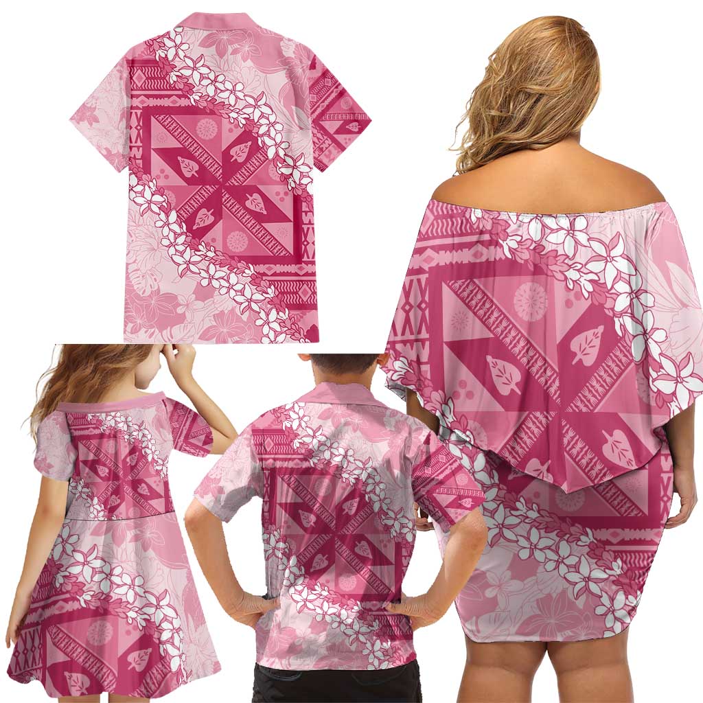 Bula Fiji Plumeria Tagimoucia Salusalu Pink Family Matching Off Shoulder Short Dress and Hawaiian Shirt Kaiviti Masi LT7 - Polynesian Pride