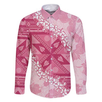 Bula Fiji Plumeria Tagimoucia Salusalu Pink Family Matching Off Shoulder Short Dress and Hawaiian Shirt Kaiviti Masi LT7 Dad's Shirt - Long Sleeve Pink - Polynesian Pride