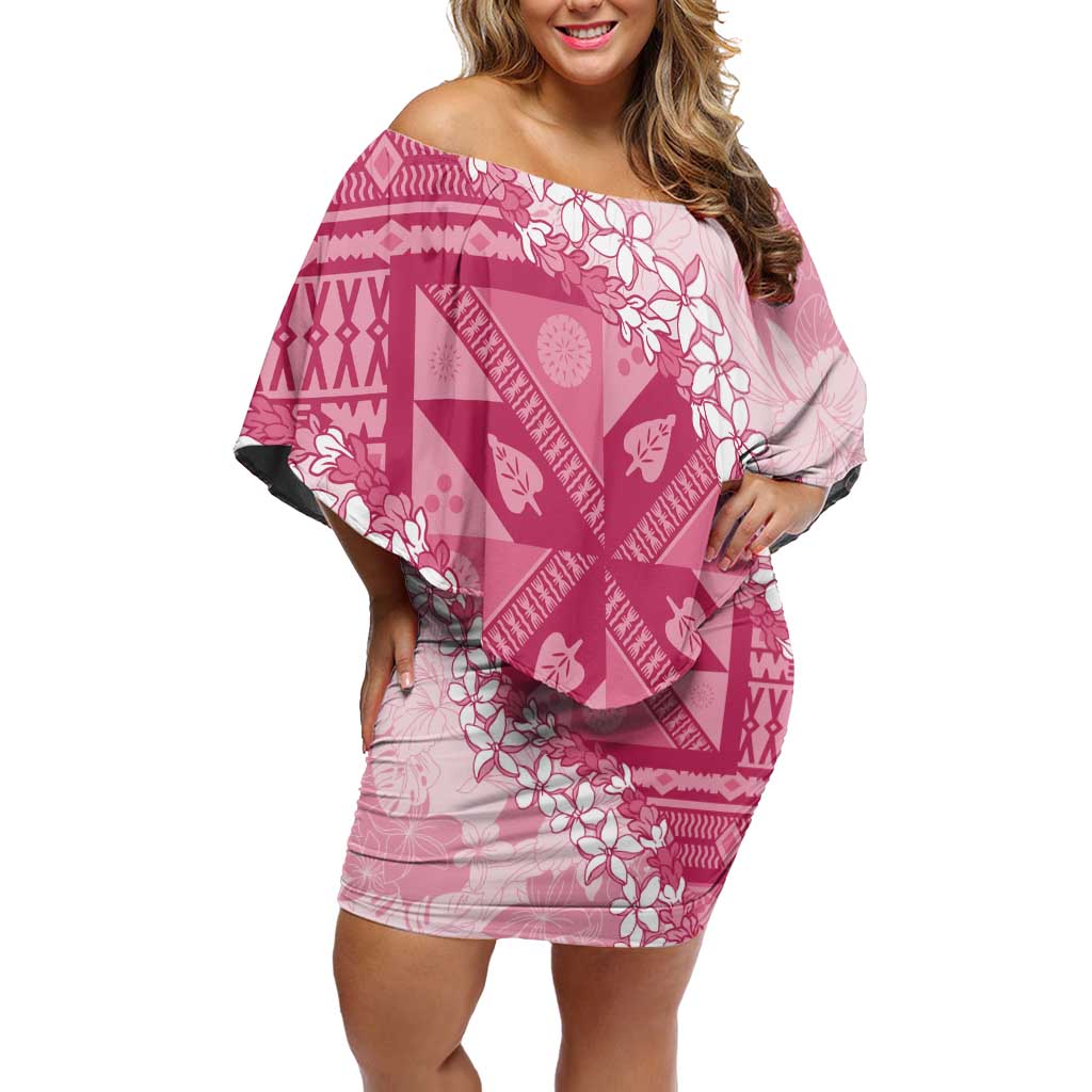 Bula Fiji Plumeria Tagimoucia Salusalu Pink Family Matching Off Shoulder Short Dress and Hawaiian Shirt Kaiviti Masi LT7 Mom's Dress Pink - Polynesian Pride