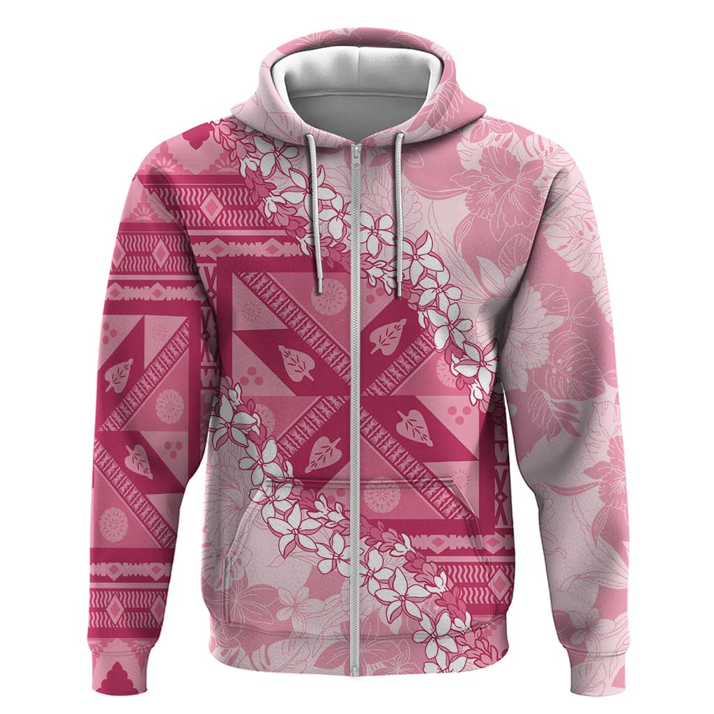 Bula Fiji Plumeria Tagimoucia Salusalu Pink Hoodie Kaiviti Masi LT7 Zip Hoodie Pink - Polynesian Pride