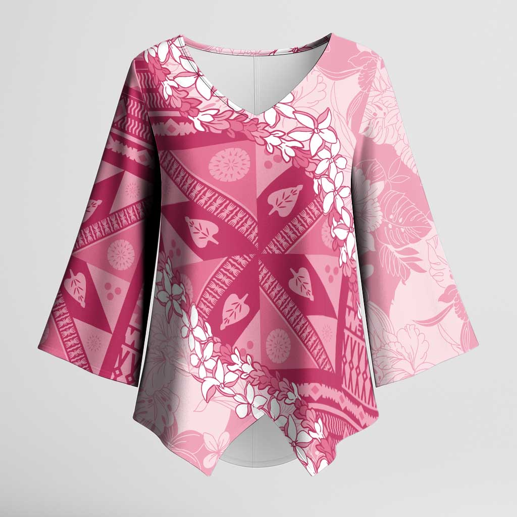Bula Fiji Plumeria Tagimoucia Salusalu Pink Kimono Sleeve Blouse Kaiviti Masi LT7 Female Pink - Polynesian Pride