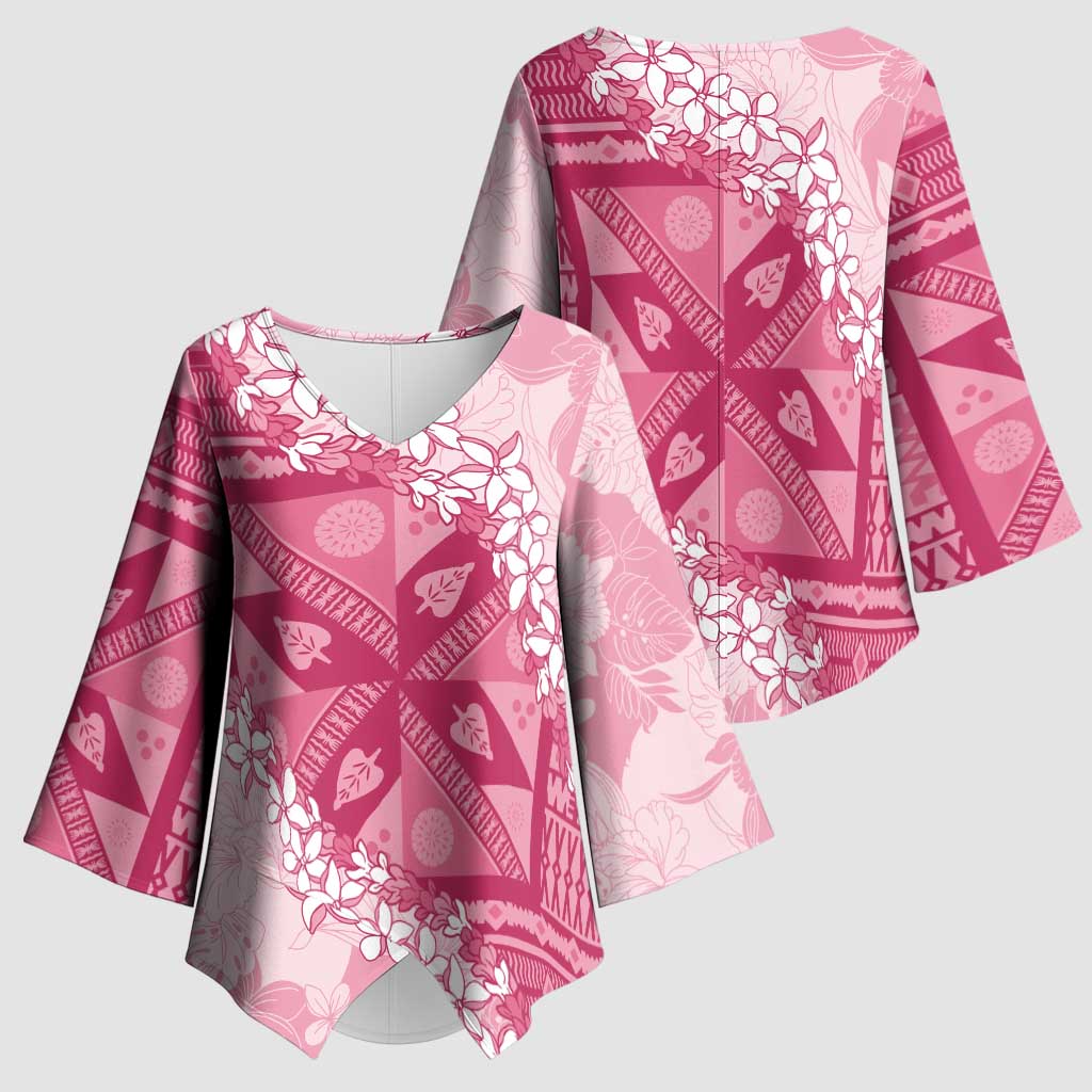Bula Fiji Plumeria Tagimoucia Salusalu Pink Kimono Sleeve Blouse Kaiviti Masi LT7 - Polynesian Pride