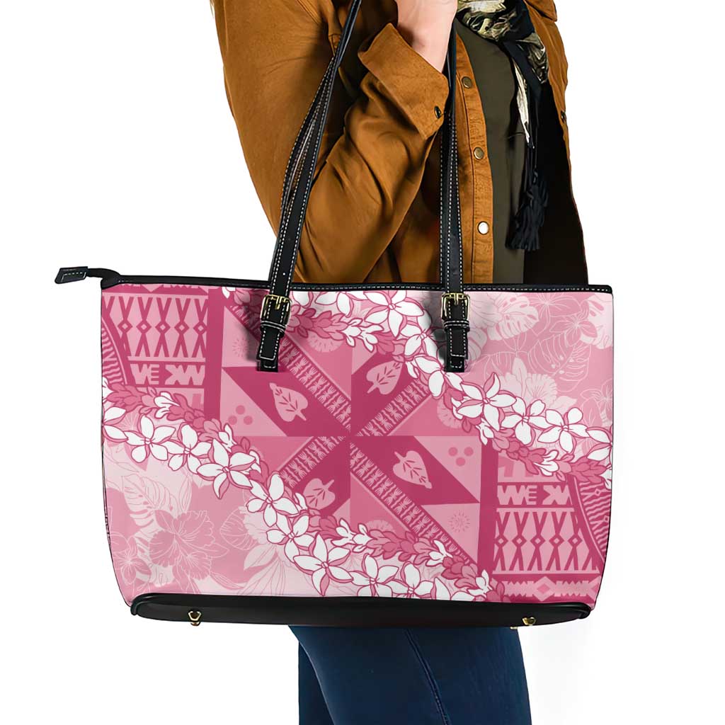 Bula Fiji Plumeria Tagimoucia Salusalu Pink Leather Tote Bag Kaiviti Masi LT7 - Polynesian Pride