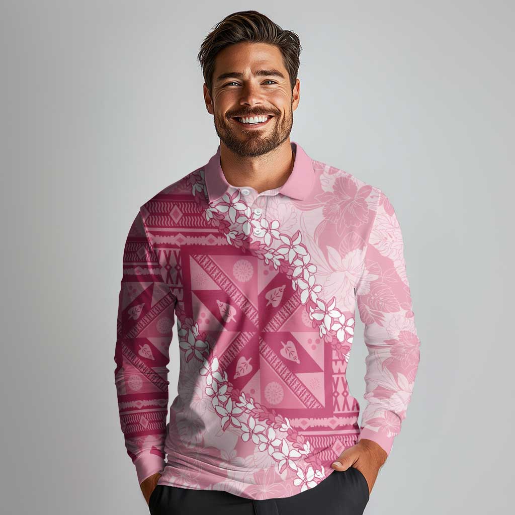 Bula Fiji Plumeria Tagimoucia Salusalu Pink Long Sleeve Polo Shirt Kaiviti Masi - Polynesian Pride
