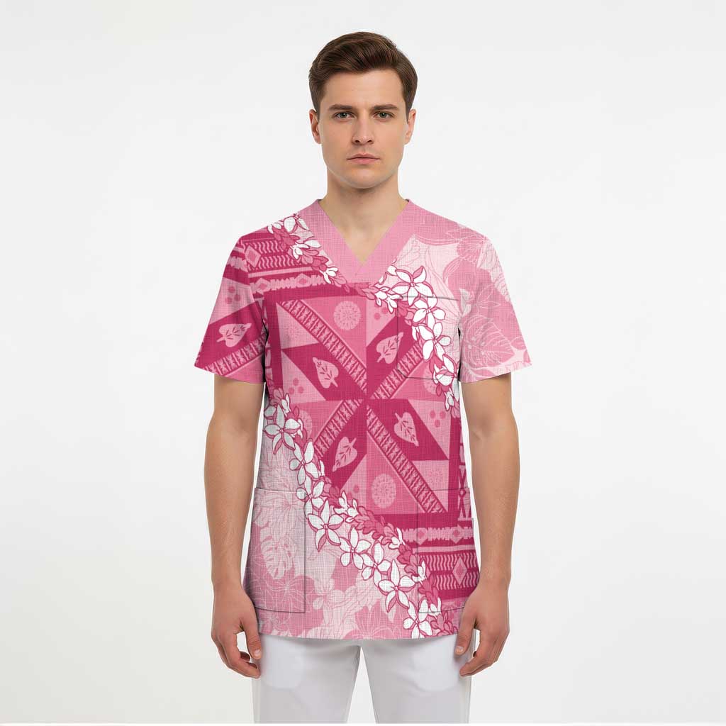Bula Fiji Plumeria Tagimoucia Salusalu Pink Scrub Top Kaiviti Masi - Polynesian Pride