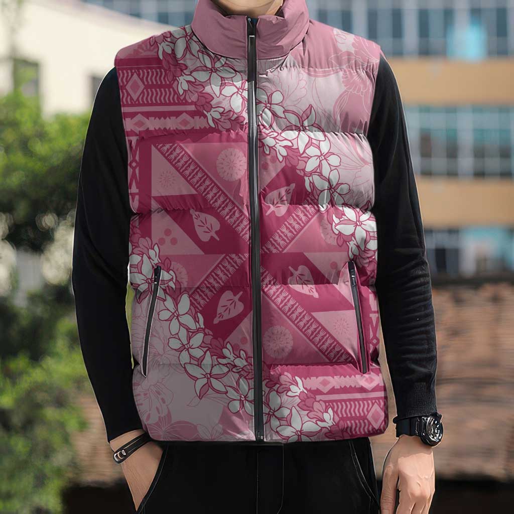 Bula Fiji Plumeria Tagimoucia Salusalu Pink Sleeveless Puffer Jacket Kaiviti Masi - Polynesian Pride
