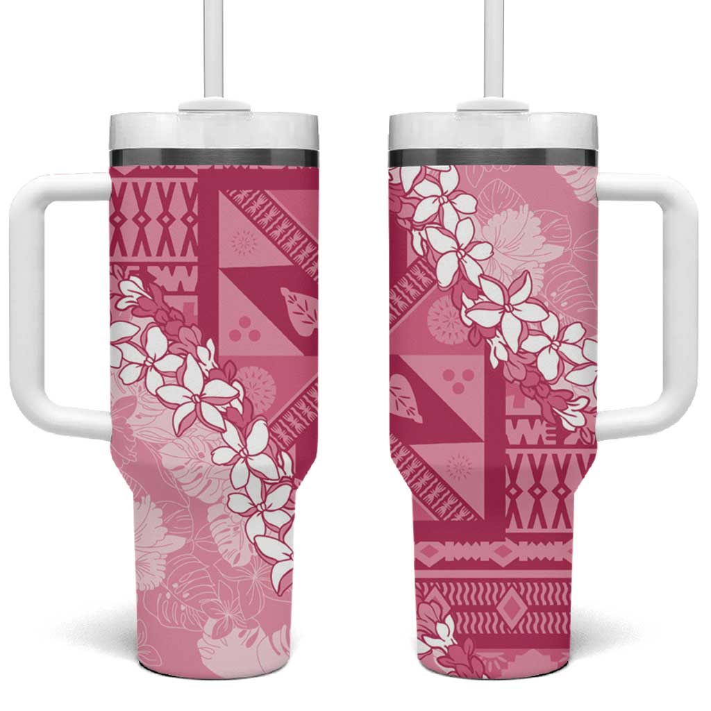 Bula Fiji Plumeria Tagimoucia Salusalu Pink Tumbler With Handle Kaiviti Masi LT7 One Size: 40 oz Pink - Polynesian Pride