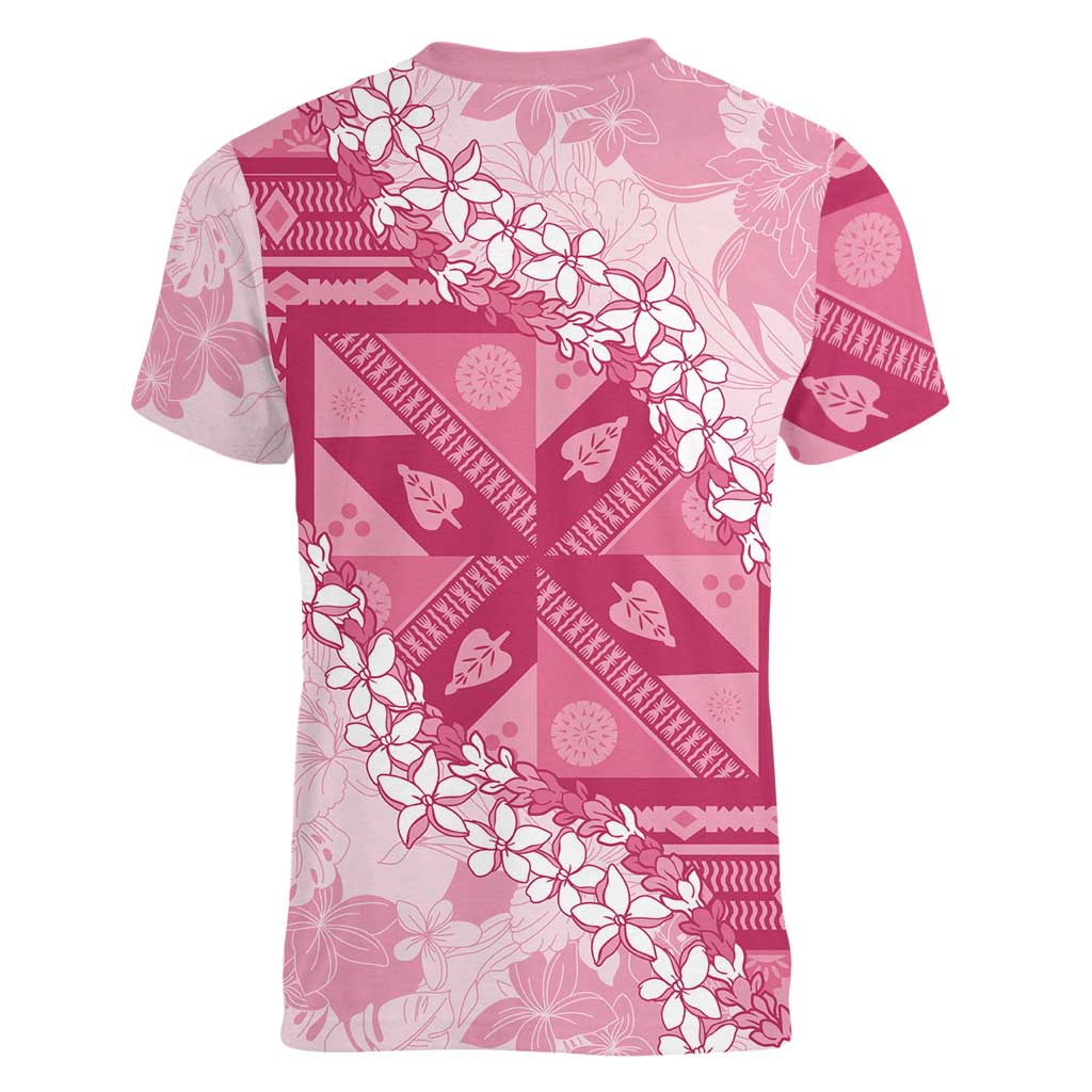 Bula Fiji Plumeria Tagimoucia Salusalu Pink Women V-Neck T-Shirt Kaiviti Masi LT7 - Polynesian Pride
