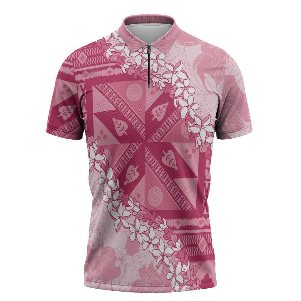Bula Fiji Plumeria Tagimoucia Salusalu Pink Zipper Polo Shirt Kaiviti Masi LT7 Pink - Polynesian Pride