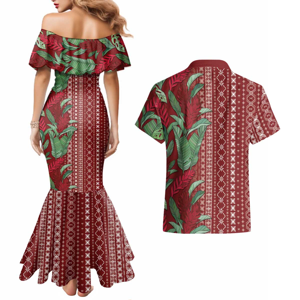 Women's Day Samoa Malu Tattoo Inspired Mix Teuila Couples Matching Mermaid Dress and Hawaiian Shirt Scarlet LT7 - Polynesian Pride