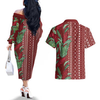Women's Day Samoa Malu Tattoo Inspired Mix Teuila Couples Matching Off The Shoulder Long Sleeve Dress and Hawaiian Shirt Scarlet LT7 - Polynesian Pride