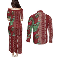 Women's Day Samoa Malu Tattoo Inspired Mix Teuila Couples Matching Puletasi and Long Sleeve Button Shirt Scarlet