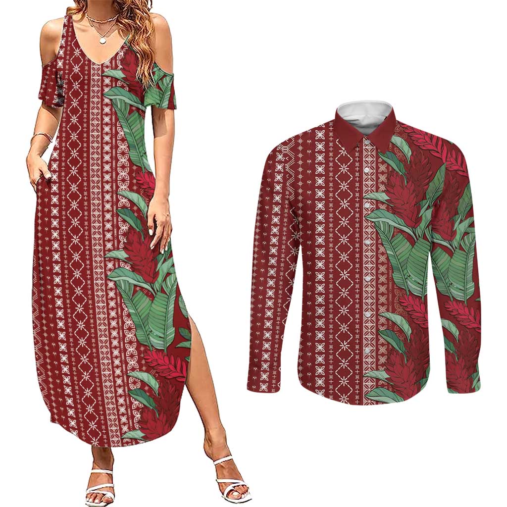Women's Day Samoa Malu Tattoo Inspired Mix Teuila Couples Matching Summer Maxi Dress and Long Sleeve Button Shirt Scarlet