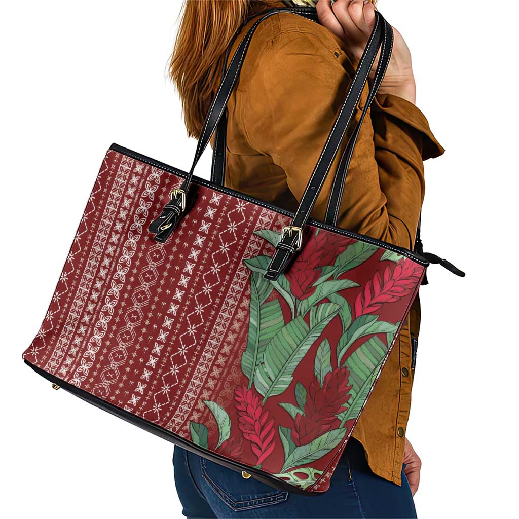Women's Day Samoa Malu Tattoo Inspired Mix Teuila Leather Tote Bag Scarlet
