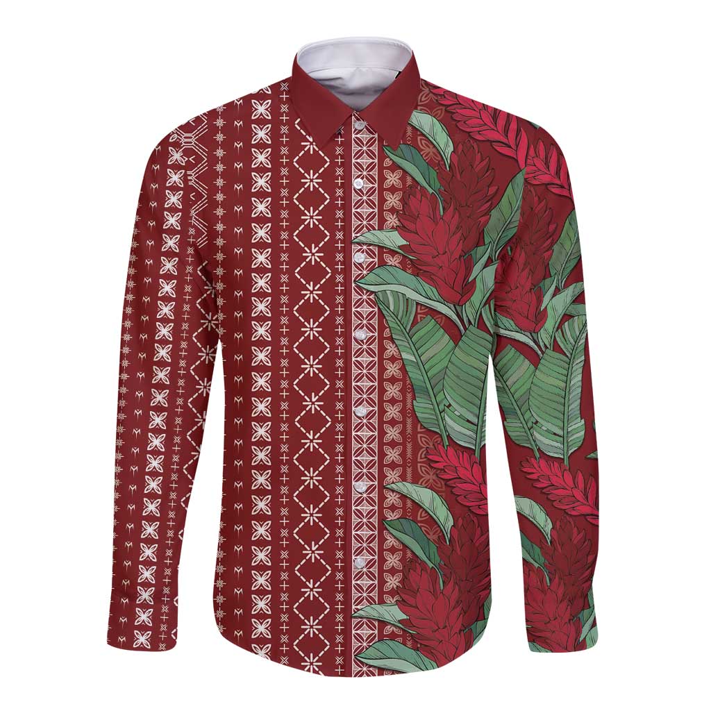 Women's Day Samoa Malu Tattoo Inspired Mix Teuila Long Sleeve Button Shirt Scarlet