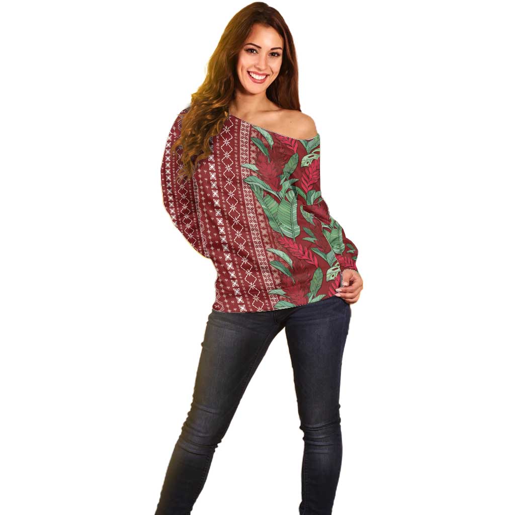 Women's Day Samoa Malu Tattoo Inspired Mix Teuila Off Shoulder Sweater Scarlet