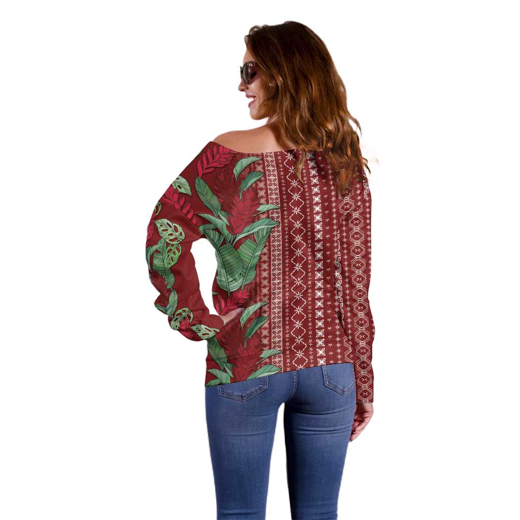 Women's Day Samoa Malu Tattoo Inspired Mix Teuila Off Shoulder Sweater Scarlet