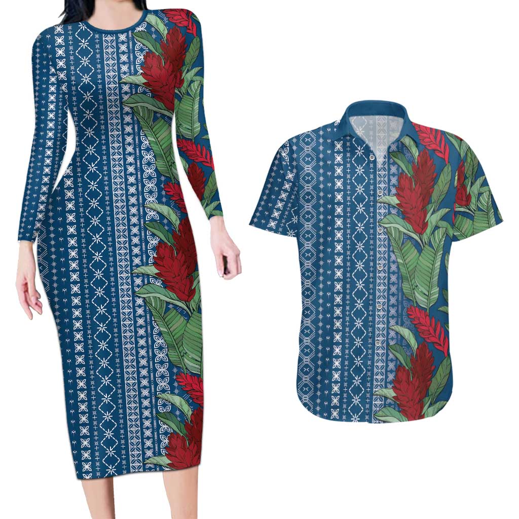 Women's Day Samoa Malu Tattoo Inspired Mix Teuila Couples Matching Long Sleeve Bodycon Dress and Hawaiian Shirt Royal Blue LT7 Royal Blue - Polynesian Pride