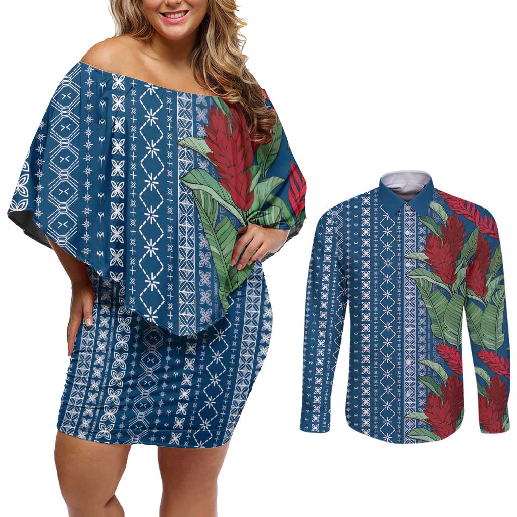 Women's Day Samoa Malu Tattoo Inspired Mix Teuila Couples Matching Off Shoulder Short Dress and Long Sleeve Button Shirt Royal Blue