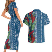 Women's Day Samoa Malu Tattoo Inspired Mix Teuila Couples Matching Short Sleeve Bodycon Dress and Hawaiian Shirt Royal Blue LT7 - Polynesian Pride