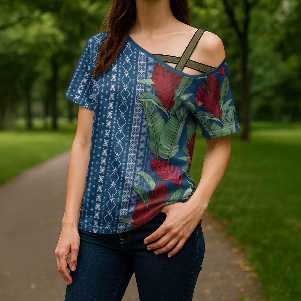Women's Day Samoa Malu Tattoo Inspired Mix Teuila Cross Shoulder Shirt Royal Blue