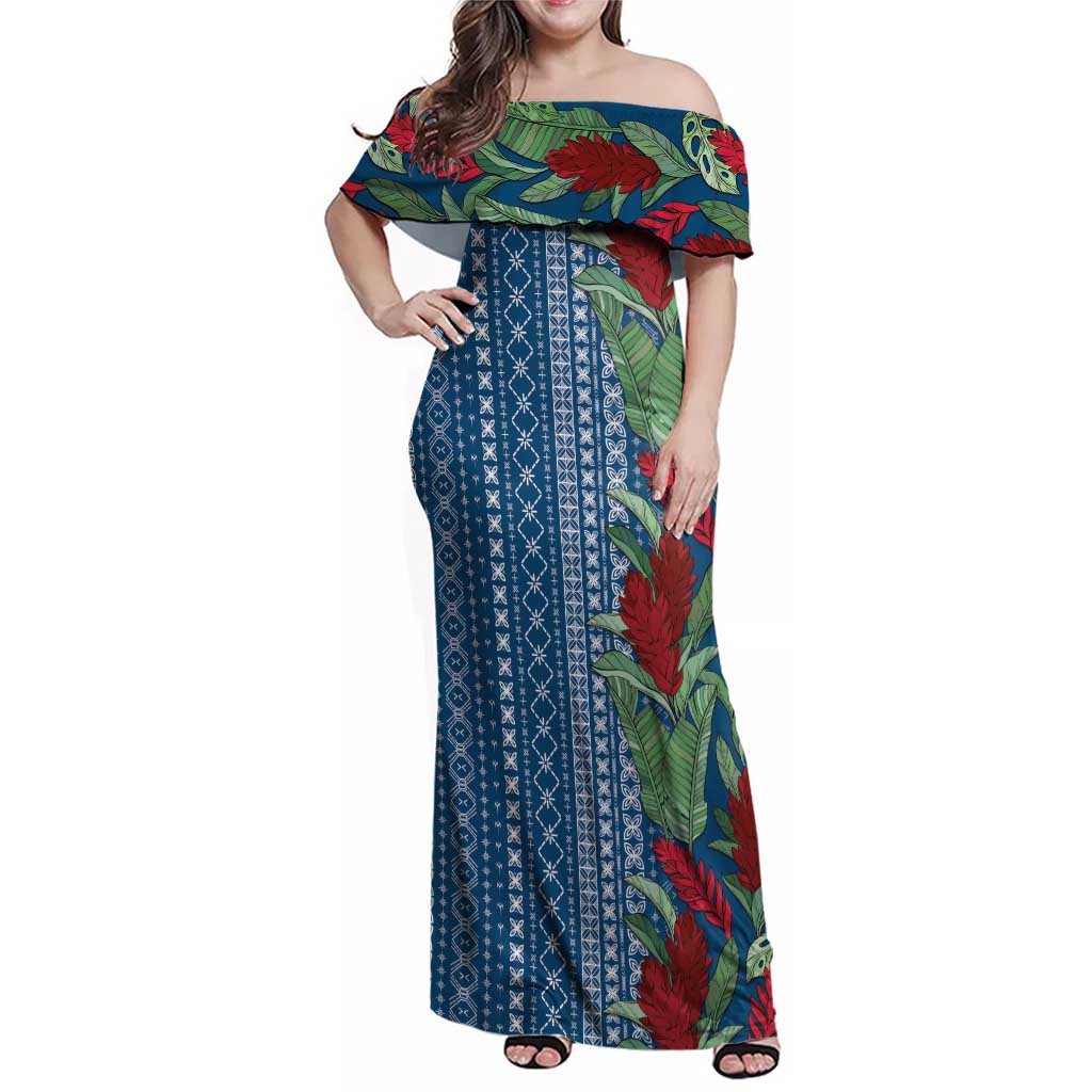 Women's Day Samoa Malu Tattoo Inspired Mix Teuila Family Matching Off Shoulder Maxi Dress and Hawaiian Shirt Royal Blue LT7 Mom's Dress Royal Blue - Polynesian Pride