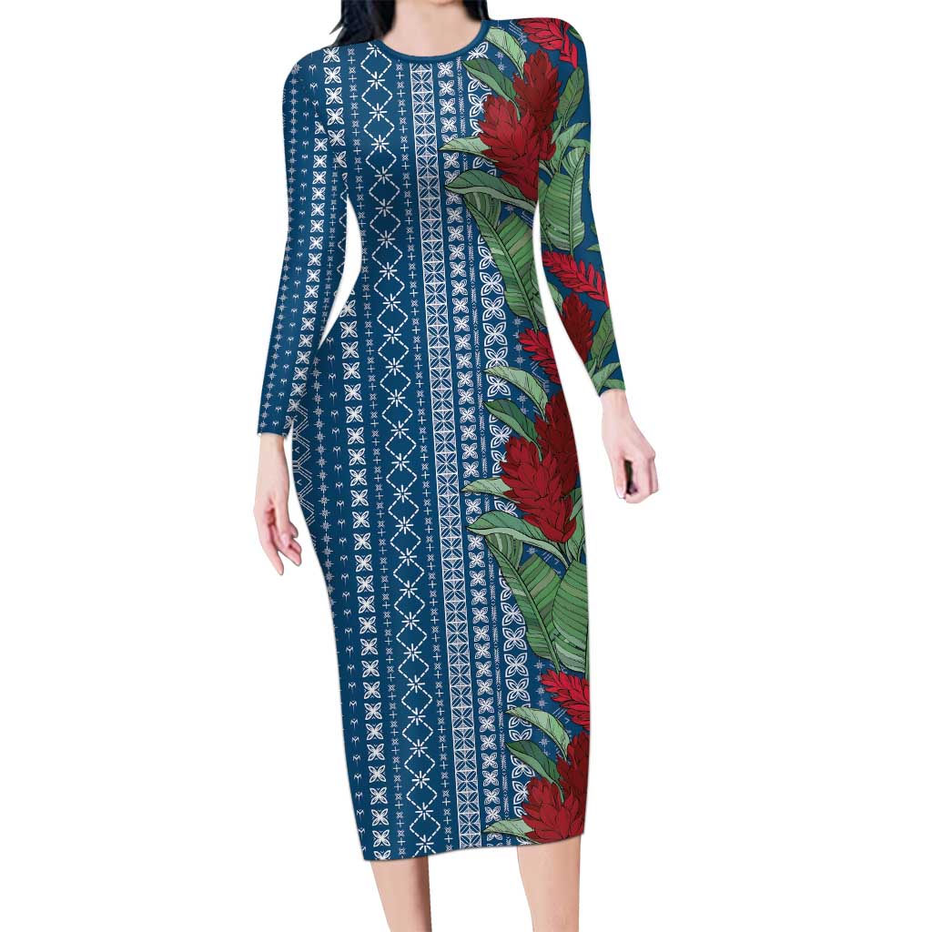 Women's Day Samoa Malu Tattoo Inspired Mix Teuila Long Sleeve Bodycon Dress Royal Blue