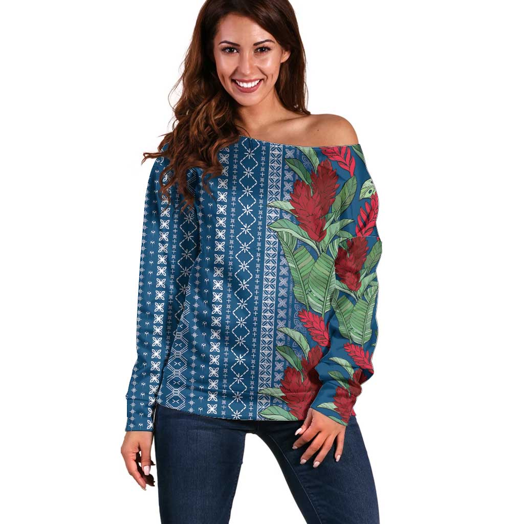 Women's Day Samoa Malu Tattoo Inspired Mix Teuila Off Shoulder Sweater Royal Blue