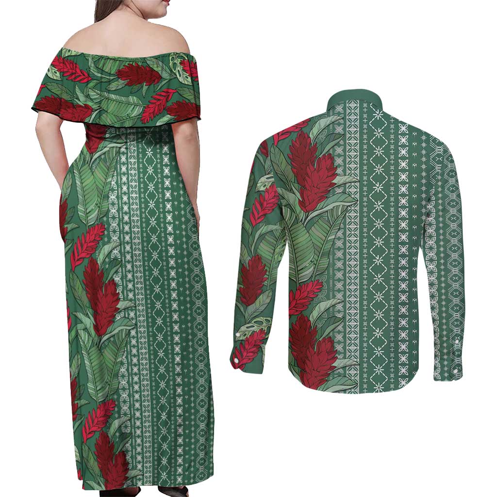 Women's Day Samoa Malu Tattoo Inspired Mix Teuila Couples Matching Off Shoulder Maxi Dress and Long Sleeve Button Shirt Sage Green