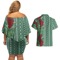 Women's Day Samoa Malu Tattoo Inspired Mix Teuila Couples Matching Off Shoulder Short Dress and Hawaiian Shirt Sage Green