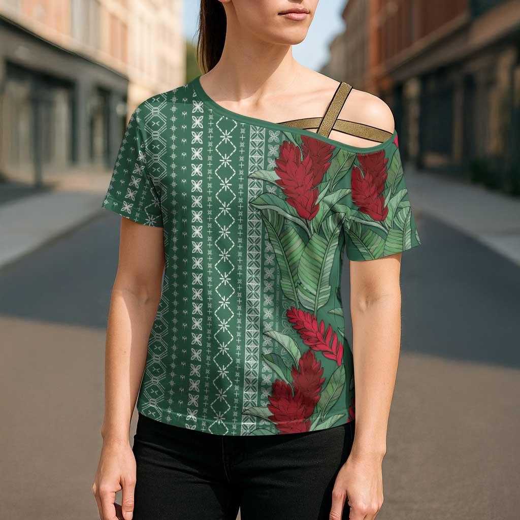 Women's Day Samoa Malu Tattoo Inspired Mix Teuila Cross Shoulder Shirt Sage Green