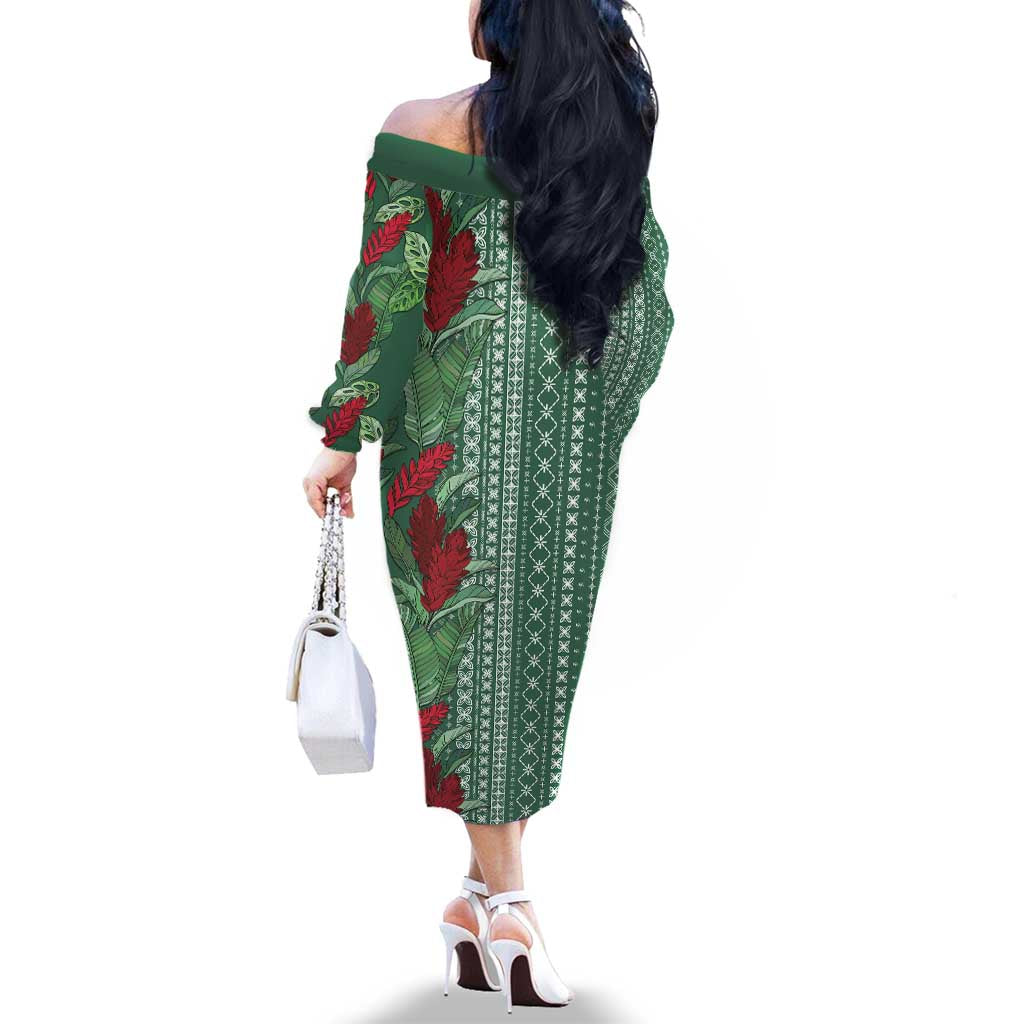 Women's Day Samoa Malu Tattoo Inspired Mix Teuila Family Matching Off The Shoulder Long Sleeve Dress and Hawaiian Shirt Sage Green LT7 - Polynesian Pride