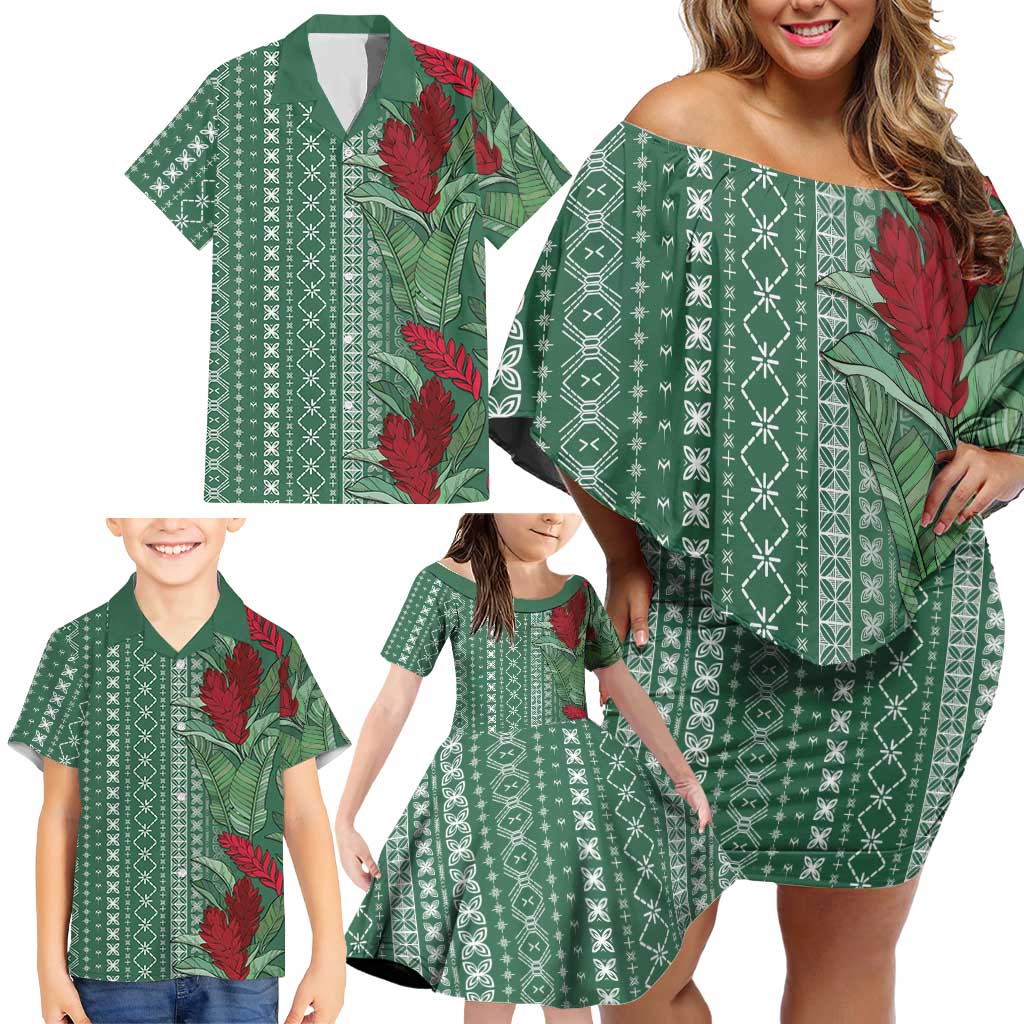 Women's Day Samoa Malu Tattoo Inspired Mix Teuila Family Matching Off Shoulder Short Dress and Hawaiian Shirt Sage Green