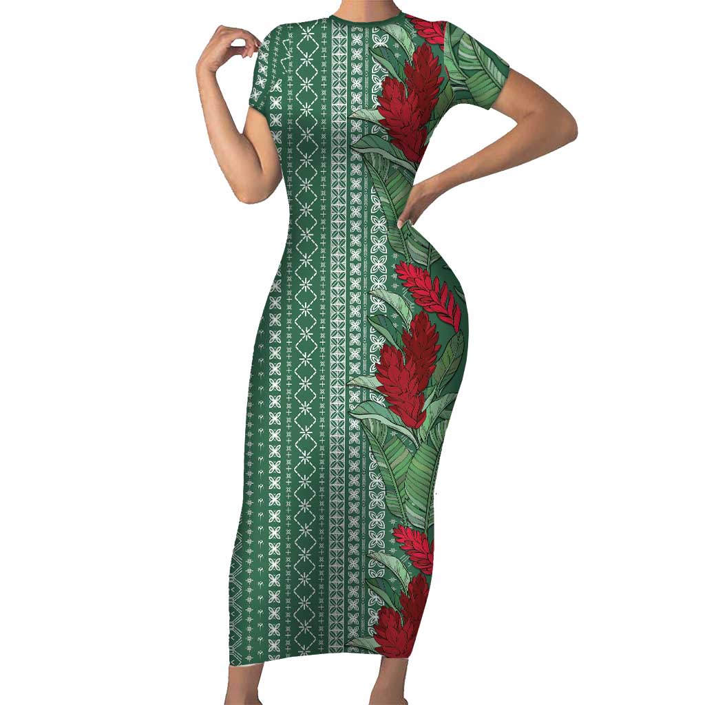 Women's Day Samoa Malu Tattoo Inspired Mix Teuila Family Matching Short Sleeve Bodycon Dress and Hawaiian Shirt Sage Green LT7 Mom's Dress Sage Green - Polynesian Pride