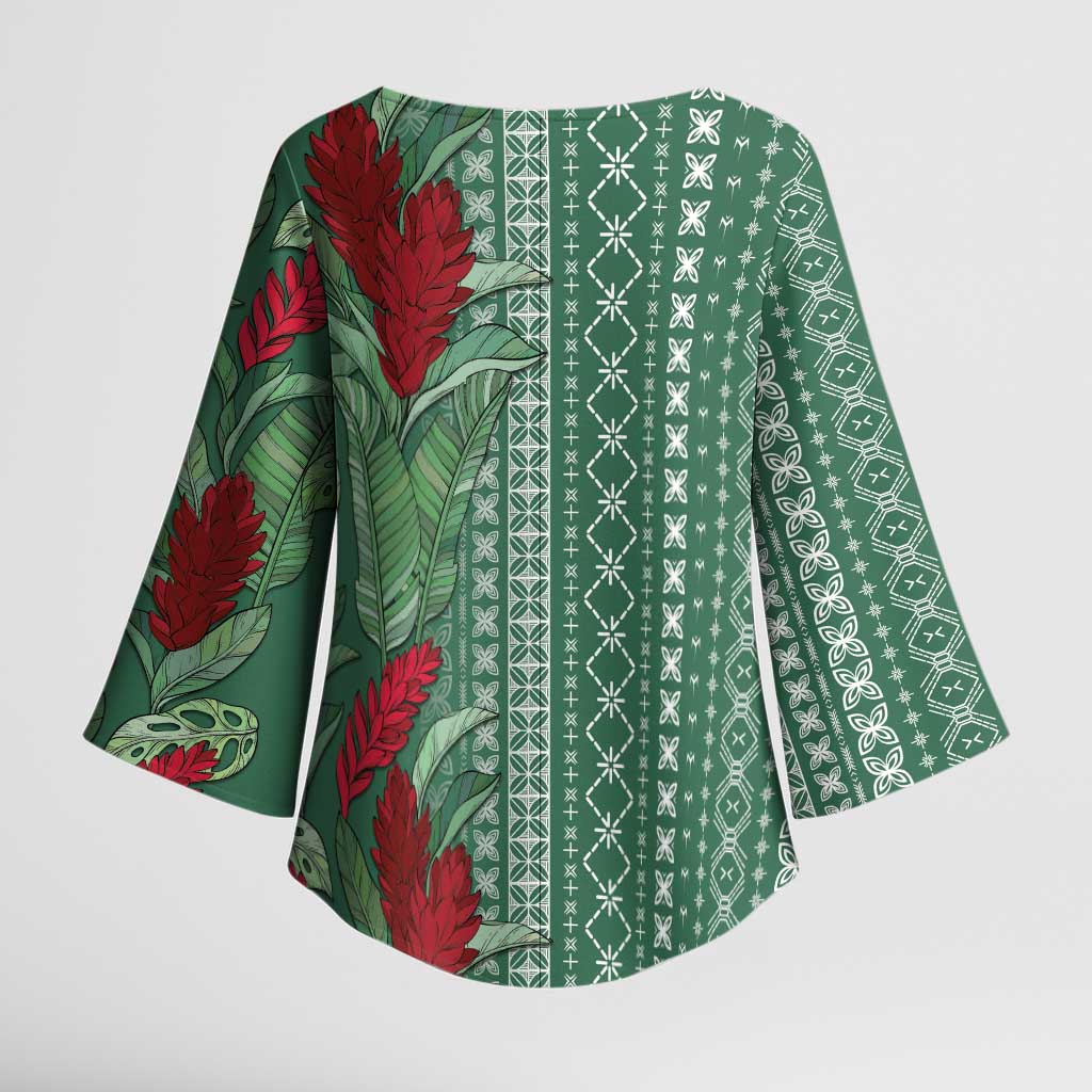 Women's Day Samoa Malu Tattoo Inspired Mix Teuila Kimono Sleeve Blouse Sage Green