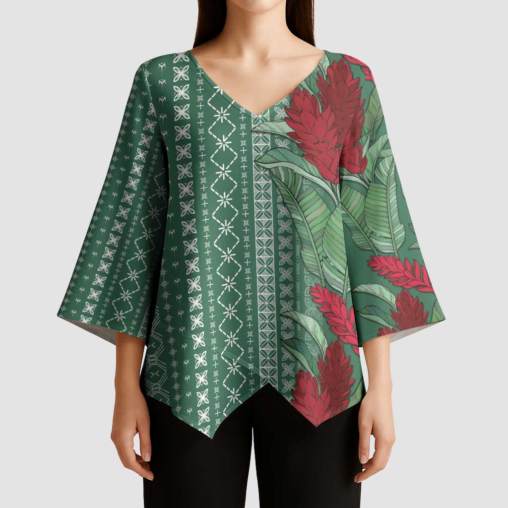 Women's Day Samoa Malu Tattoo Inspired Mix Teuila Kimono Sleeve Blouse Sage Green