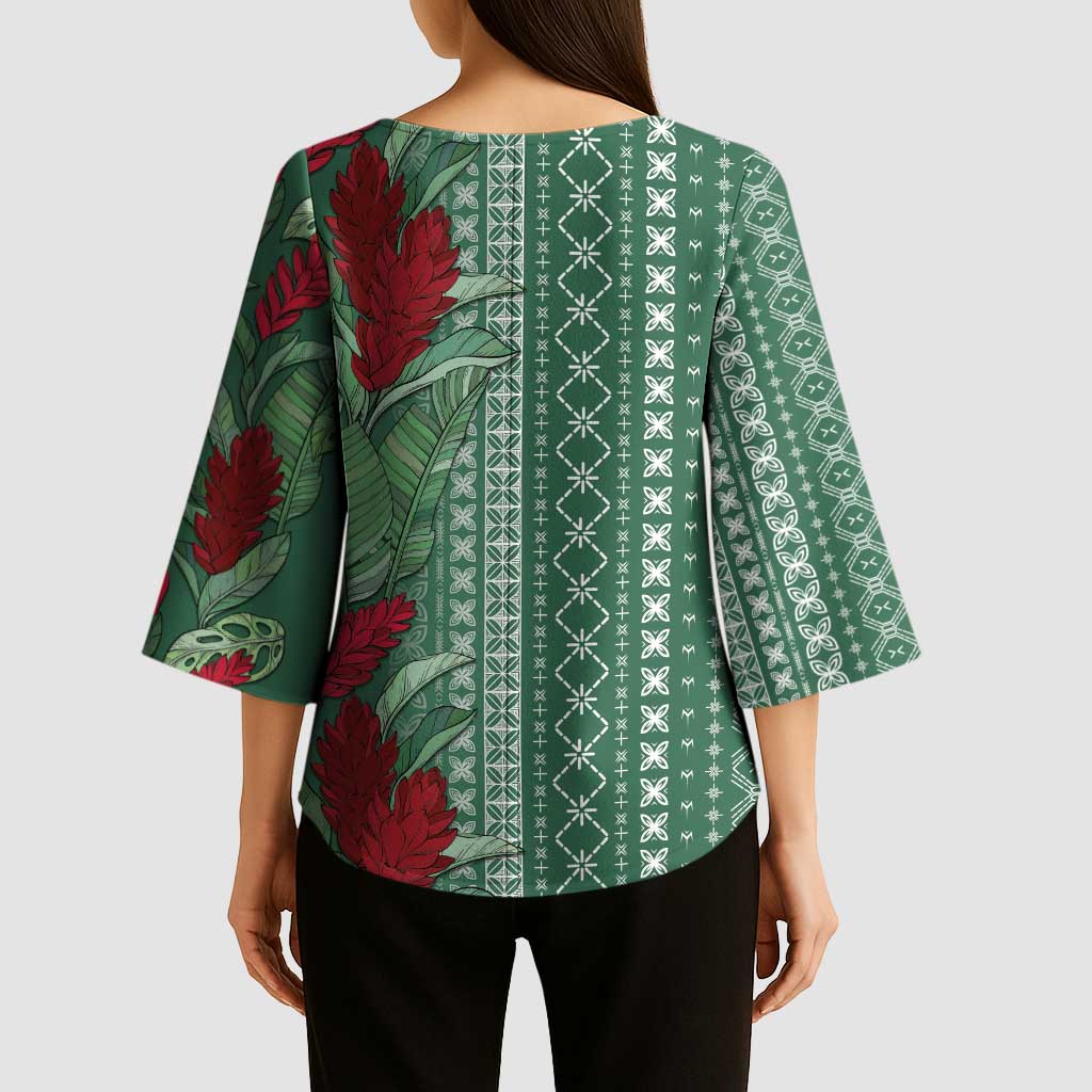 Women's Day Samoa Malu Tattoo Inspired Mix Teuila Kimono Sleeve Blouse Sage Green