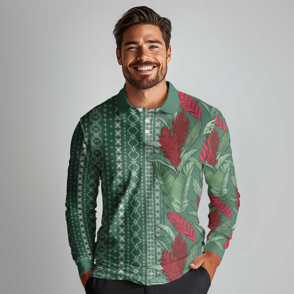 Women's Day Samoa Malu Tattoo Inspired Mix Teuila Long Sleeve Polo Shirt Sage Green